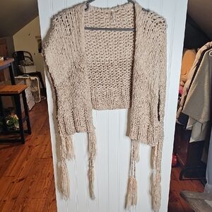 Free People Cream Cropped Open-Front Fringe Knit Cardigan